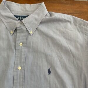 VTG Ralph Lauren Yarmouth Mens Blue Striped‎ Button Down Shirt Size 16 34/35